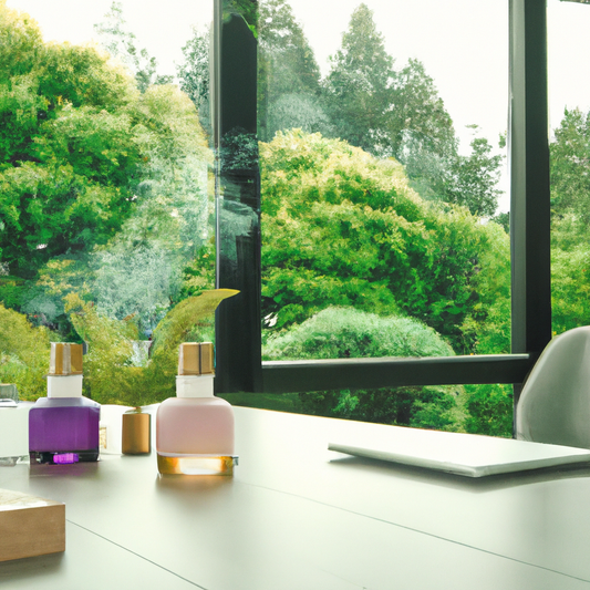 An elegant workspace in New Zealand with a modern desk featuring various styles of oil diffusers surrounded by lush green plants, gently emitting a mist of essential oils, with a backdrop of a serene 