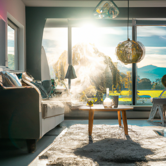 A serene living room in a New Zealand home with large windows showcasing a beautiful view of the Southern Alps. A person is relaxing on a couch, inhaling deeply with a sense of relief, next to a glowi