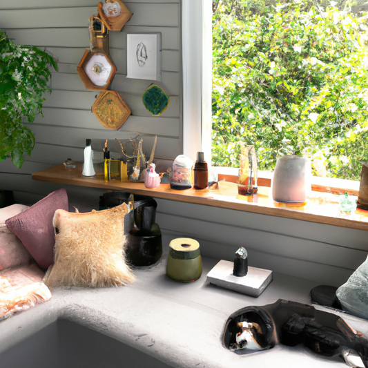 Serene living room in a New Zealand home with multiple oil diffusers on wooden shelves, a dog lounging on a plush rug, and a cat sleeping on a sunny windowsill surrounded by lush green plants.