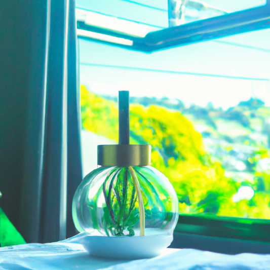 Serene bedroom with a stylish ultrasonic oil diffuser releasing mist, surrounded by eucalyptus and peppermint plants, with a backdrop of New Zealand's scenic landscapes visible through a large window.