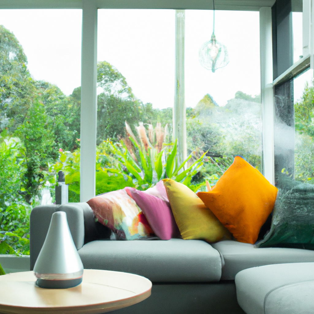 Cozy living room in a New Zealand home with large windows showing a lush green landscape, featuring a stylish oil diffuser releasing a gentle mist, surrounded by relaxing plants and soft, colorful cus