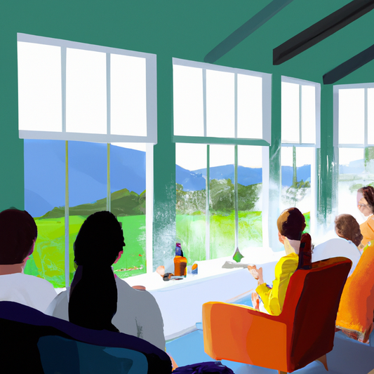 Diverse group of people sitting in a tranquil New Zealand home with large windows overlooking a lush green landscape, peacefully meditating while an oil diffuser releases a soothing mist into the sunl