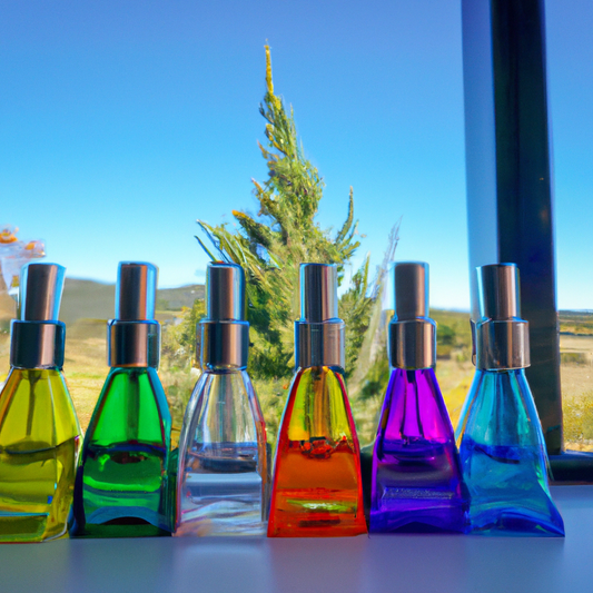 An array of sleek and modern essential oil diffusers on a wooden table, surrounded by various essential oils like peppermint and lavender, set against a serene New Zealand landscape background with ro