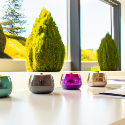 An array of sleek and modern oil diffusers placed strategically in a serene and stylish office environment, surrounded by lush green plants, with a backdrop of New Zealand's picturesque landscapes vis