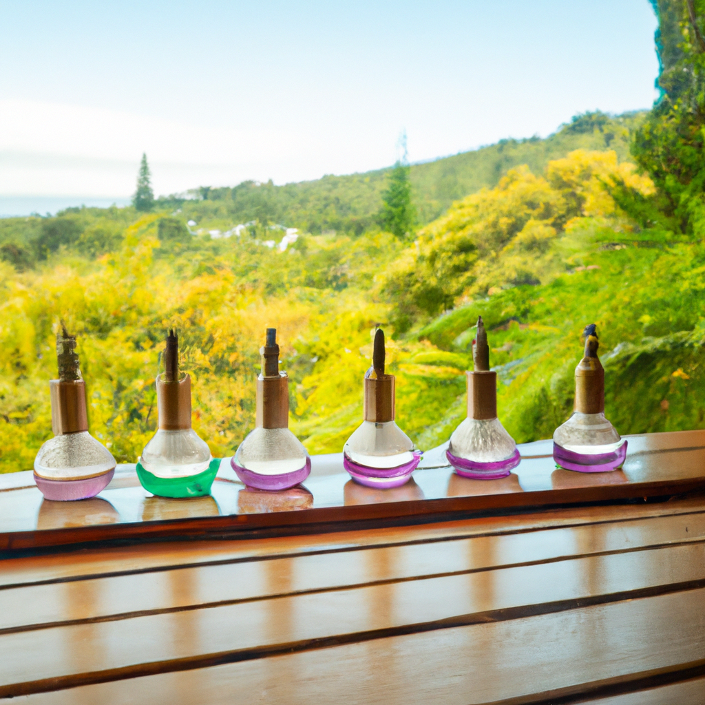 Several elegant essential oil diffusers displayed on a wooden table with a backdrop of lush New Zealand landscapes, incorporating native flora and serene atmosphere.