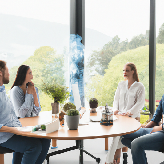 Diverse group of people in a bright, modern office in New Zealand, brainstorming around a table with various oil diffusers releasing gentle streams of vapor, surrounded by lush green plants and large 
