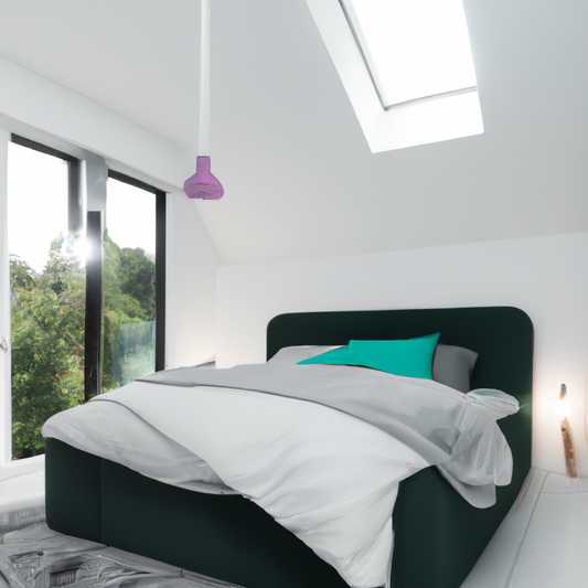 A serene bedroom in New Zealand with a modern aesthetic, featuring a stylish oil diffuser releasing a visible mist of eucalyptus and peppermint oils. There are lush green plants around, a soft morning