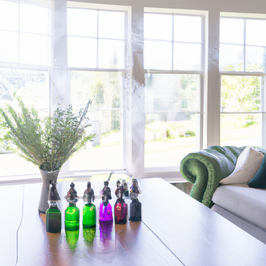 A cozy living room in a modern New Zealand home with large windows showing a lush green scenery outside. In the foreground, a stylistically diverse array of five essential oil diffusers, each releasin