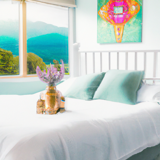 A serene bedroom in a traditional New Zealand home with large windows overlooking the lush countryside, featuring a softly glowing oil diffuser on a bedside table, emitting a gentle mist of therapeuti