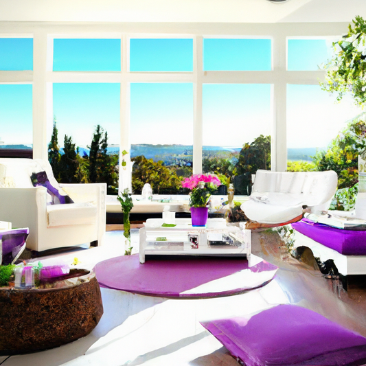 An inviting and serene living room in New Zealand with large windows showcasing a lush green view outside, featuring a modern oil diffuser releasing a gentle mist of lavender essential oil, surrounded