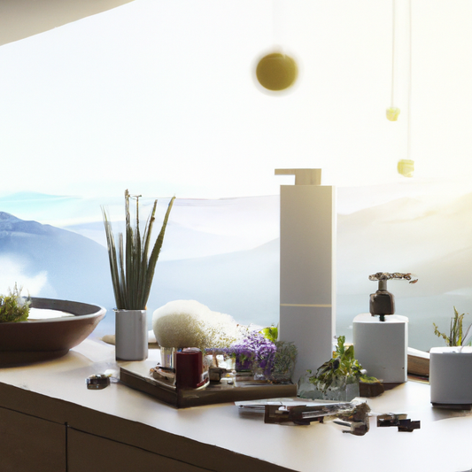 An elegantly designed room with soft lighting and serene decor, featuring a variety of sleek, modern oil diffusers releasing gentle streams of steam. The diffusers are surrounded by eucalyptus leaves 