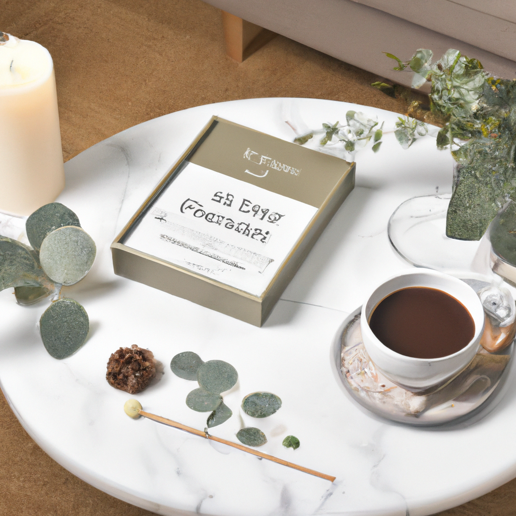 Create an image of a cozy and elegant living room setting, softly lit by the warm glow of candlelight. In the center of a beautifully decorated coffee table, place a luxurious Jo Malone Pine and Eucal