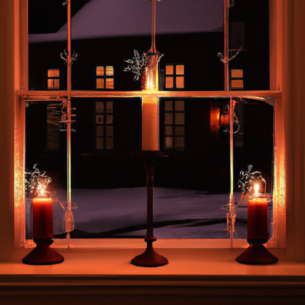 Create an enchanting and cozy scene of a living room during the evening, showcasing a large window adorned with elegant candle holders. The candle holders are designed in various intricate metal and g