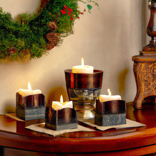 Create an image of a cozy, warmly-lit living room decorated for the holidays, featuring an elegant Advent candle set prominently displayed on a wooden coffee table. The set includes four candles of va