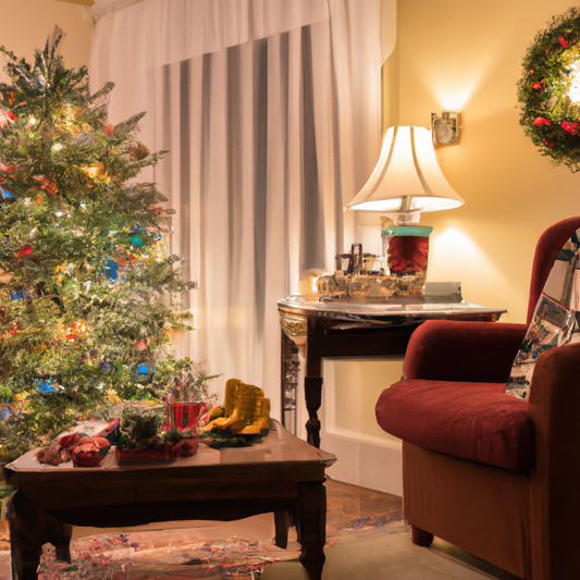 A warmly lit living room decorated for Christmas, featuring a festive wax warmer on a wooden side table. The room has a decorated Christmas tree with shimmering lights, stockings hung on the fireplace