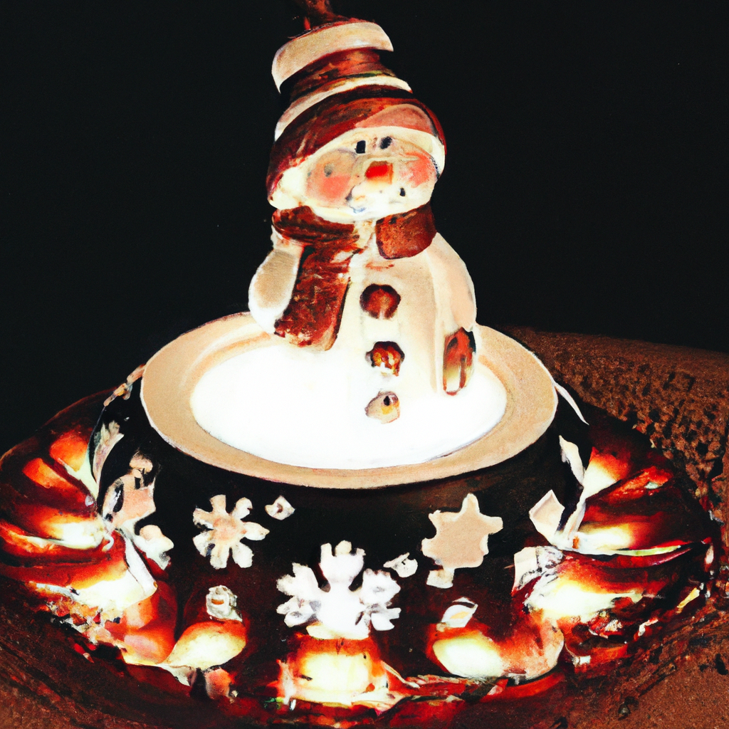 Create a cozy winter scene featuring a whimsical snowman candle holder as the centerpiece. The snowman, made from glossy porcelain, holds a flickering warm light that casts gentle shadows. Surround th