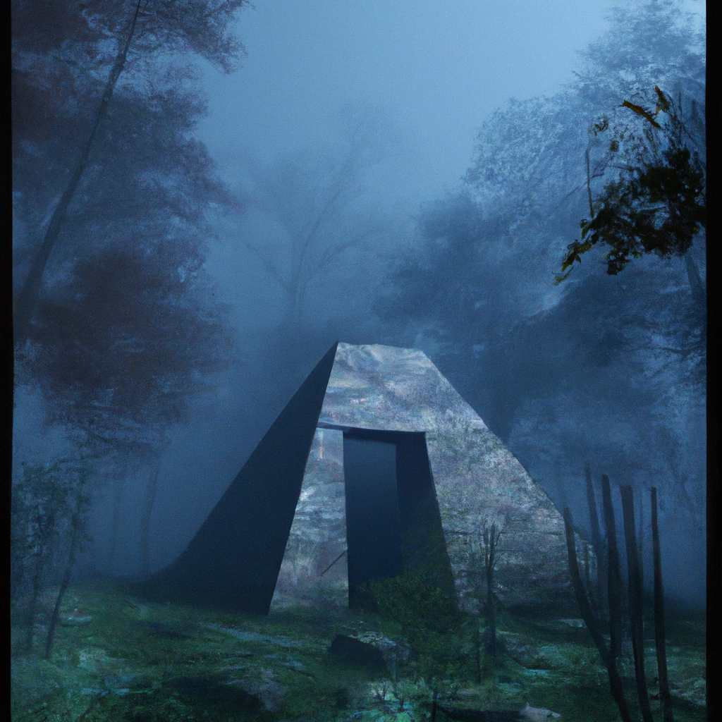 Create an image of an ancient, mysterious pyramid hidden within a dense German forest. The pyramid is overgrown with vines and surrounded by fog, with scattered archaeological tools and artifacts arou