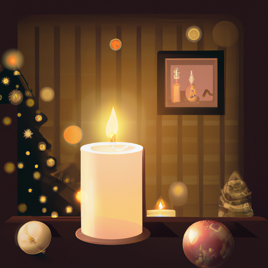 Create an image of a cozy holiday scene featuring a beautifully lit Neom Christmas Candle surrounded by festive decorations. The setting includes a warmly lit room with a decorated Christmas tree, twi