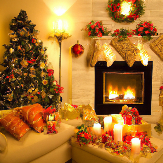 Create an image of a warm and inviting living room setting decorated for the holidays. The room should feature a glowing Christmas tree adorned with twinkling lights and ornaments. Around the room, pl