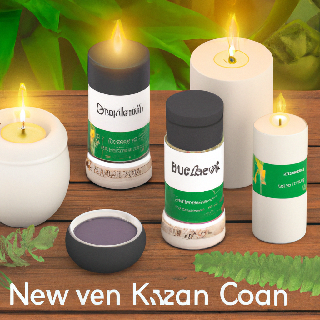 Create an image of a cozy New Zealand countryside setting with a variety of candles arranged on a wooden table. Each candle is labeled with different fragrance oils such as lavender, eucalyptus, and v
