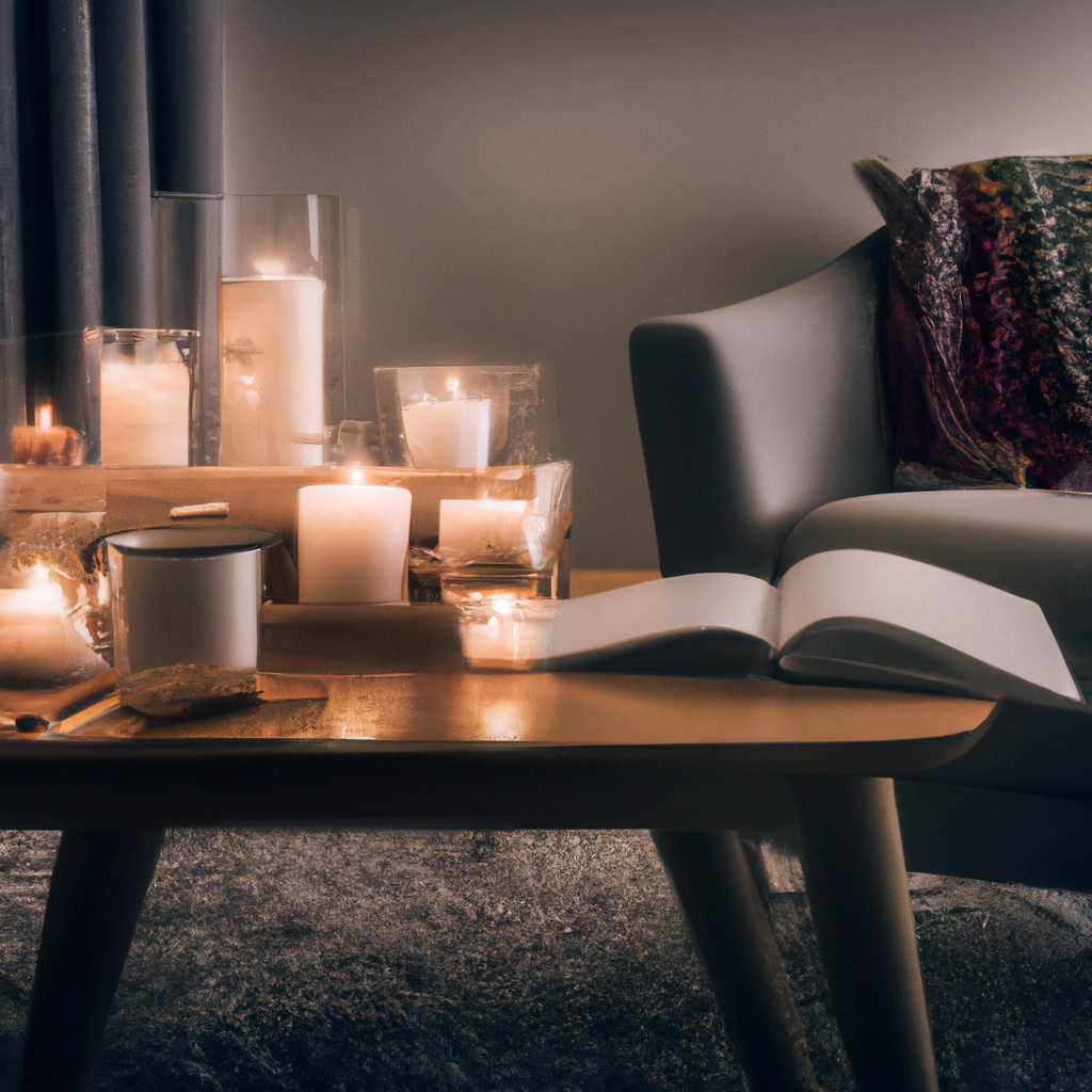 Create an image of a cozy living room setting with a variety of beautifully designed scented candles displayed on a rustic wooden coffee table. The candles vary in colors and sizes, with some lit and 