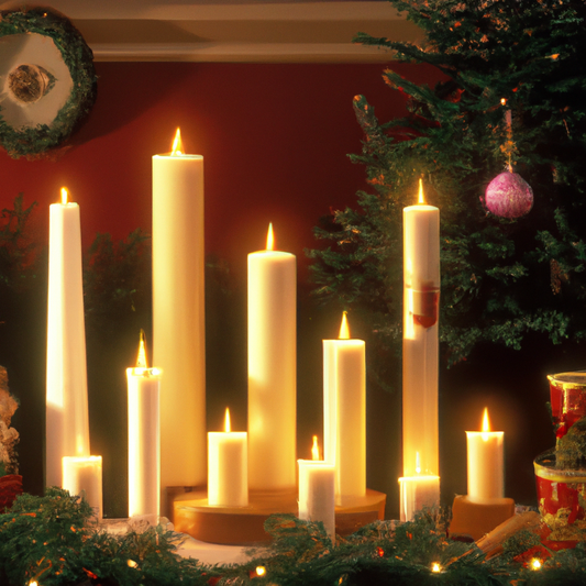 Create an image of a cozy, festive living room scene with a beautifully decorated Christmas tree. In the foreground, showcase an elegant variety of Christmas candle sets, ranging in different shapes, 