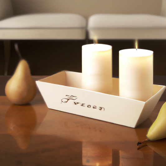 Create an image that captures an elegant and cozy setting featuring French pear candles in a luxurious New Zealand home. Highlight the soft glow of the candles illuminating a beautifully decorated liv