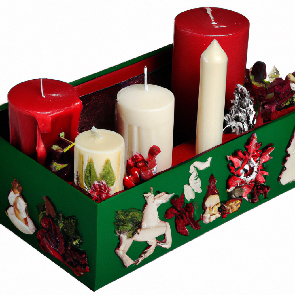 Create an image of a beautifully arranged Christmas candle gift set. The set includes a variety of intricately designed candles, each with festive themes like snowflakes, Christmas trees, and reindeer