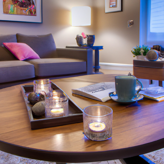 Create a detailed image showing a cozy, modern living room setting. In the center, there is a low wooden coffee table with an assortment of scented tea light candles arranged artfully. The candles are