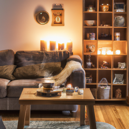 A cozy living room setting illuminated by the soft glow of coffee-scented candles, with a steaming cup of coffee on a rustic wooden coffee table. Shelves filled with books and a plush sofa with a knit