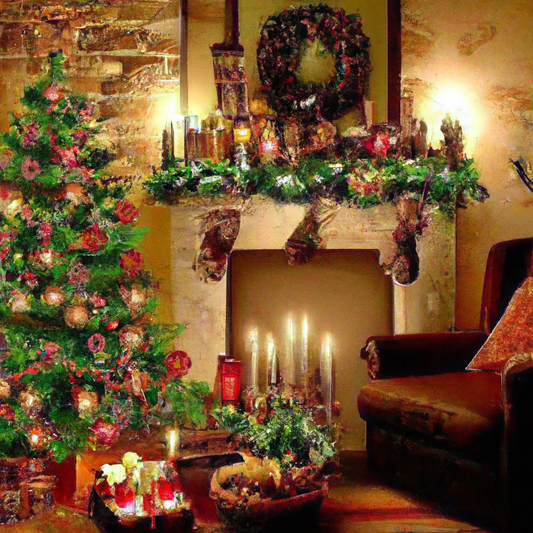 Create a cozy and festive scene in a warmly lit living room during the holiday season. At the center, place a beautifully decorated Christmas tree adorned with elegant candle-shaped lights, casting a 