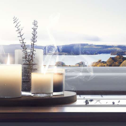 Create an image of a cozy living room setting in New Zealand, featuring a variety of beautifully designed aromatherapy candles placed on a rustic wooden coffee table. The backdrop includes a scenic vi