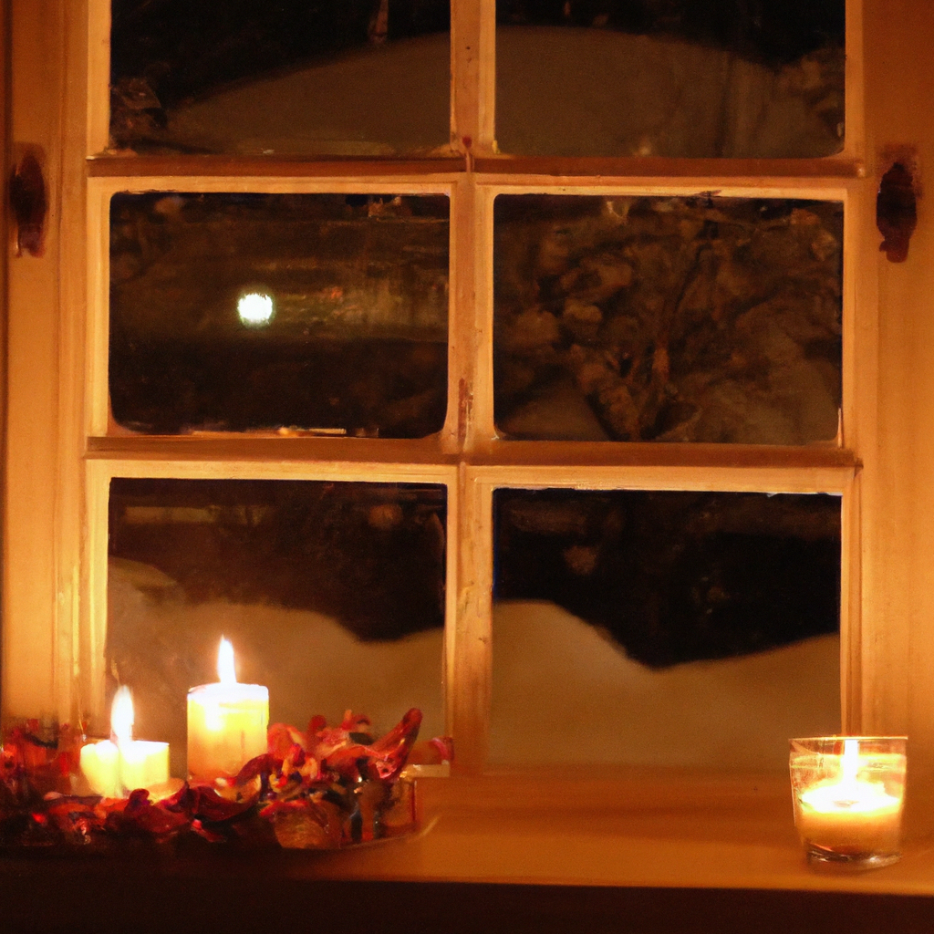 Create an image of a cozy winter evening scene featuring a window adorned with elegant battery-operated candles. The candles emit a warm, inviting glow that contrasts with the chilly, snow-covered lan