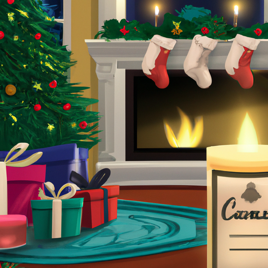 Create an image of a cozy living room setting during the Christmas season, featuring a collection of Yankee Candles with labels like Festive Scents and Holiday Cheer. The scene includes a beautifully 