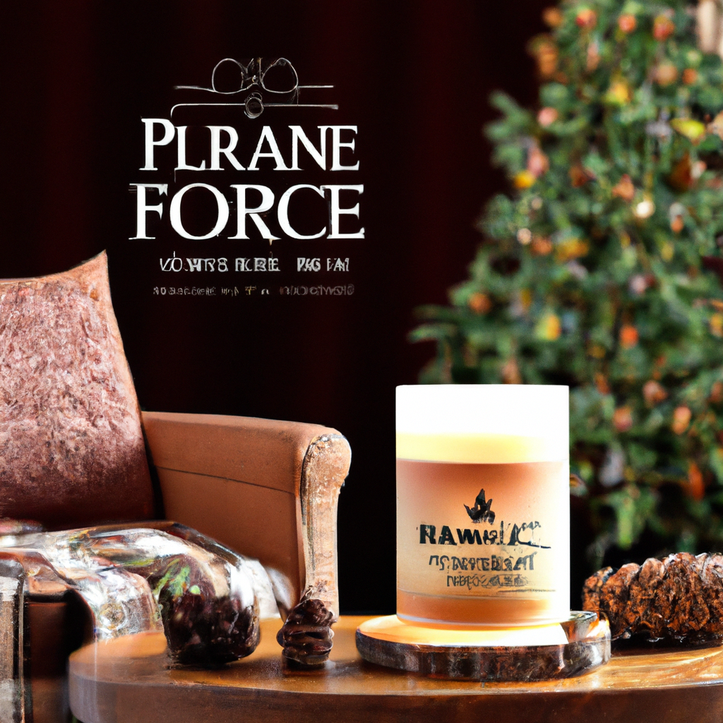 Create an image of a cozy living room setting with soft, warm lighting. In the center, place a beautifully crafted candle labeled Tree Farm Scents on a rustic wooden coffee table. The candle emits a g