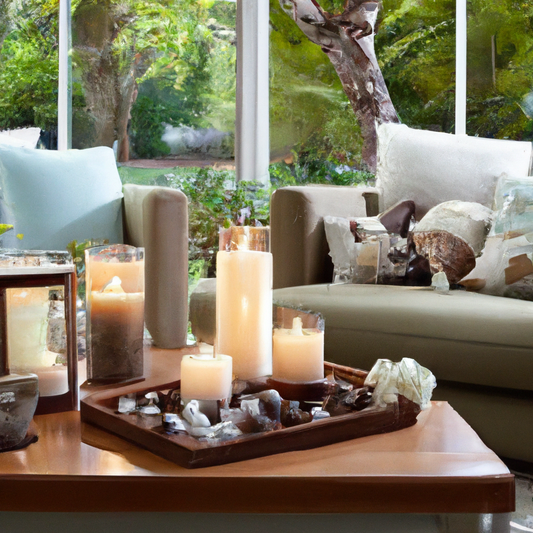 A cozy New Zealand living room setting featuring a wooden coffee table adorned with an assortment of popular scented candles. The candles should include scents like Manuka Honey, Lavender, Kiwifruit, 