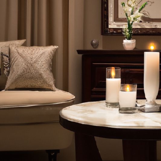 A beautifully lit, elegant home setting with a Baies candle as the centerpiece on a modern coffee table. The ambiance exudes warmth and sophistication, with soft, ambient lighting highlighting the can