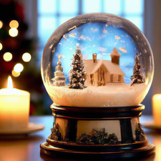 Create an image of an elegant, winter-themed living room featuring a beautifully crafted snow globe candle holder as the centerpiece on a coffee table. The snow globe should contain a miniature winter