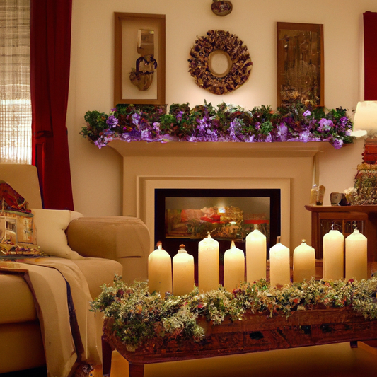 A serene and cozy living room adorned for the Advent season, featuring a beautifully arranged display of flameless Advent candles on a mantelpiece. The room is softly lit, highlighting the warm glow o