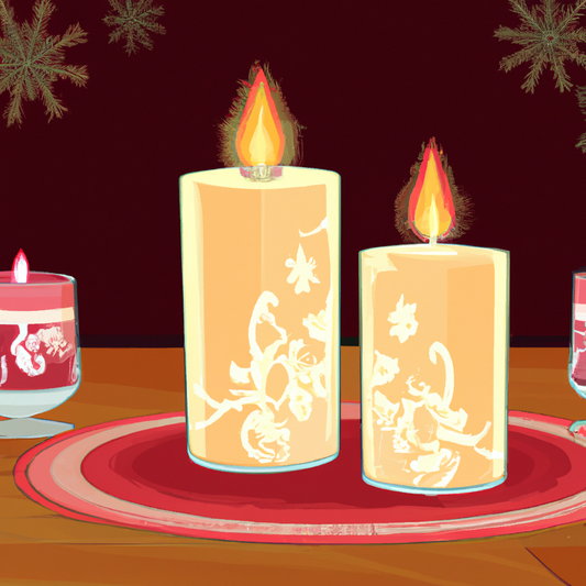 Create an image of a cozy, warmly lit living room decorated for Christmas. In the center, place a selection of beautifully designed scented candles in various sizes and shapes, each emitting soft, glo