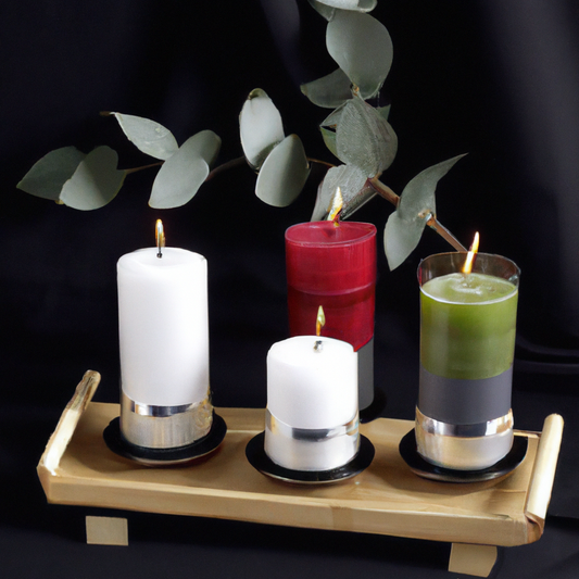 Create an inviting scene showcasing a collection of beautifully crafted sandalwood candles from New Zealand. Display the candles in various elegant containers and settings, with a backdrop of a serene