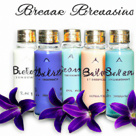 Create a vibrant image of various bottles of fragrance oils specifically for candles, displayed beautifully with labels like 'Lavender Bliss', 'Ocean Breeze', 'Vanilla Dream', and 'Cinnamon Spice'. Th