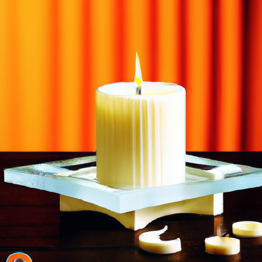 Create an image of a beautifully lit sandalwood candle casting a warm, inviting glow in a cozy, serene home setting. The candle should be elegantly designed, with intricate patterns on the holder that