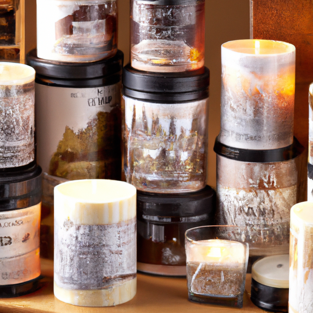 Create an image of a cozy, rustic room filled with beautifully designed scented candles inspired by the natural landscapes of New Zealand. Each candle emits a unique aroma, represented visually with s