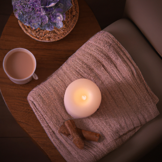 Create a calming, cozy scene featuring a lit vanilla-scented candle on a wooden coffee table. Surround the candle with soft, warm lighting, gentle shadows, and hints of vanilla flowers and pods. Inclu