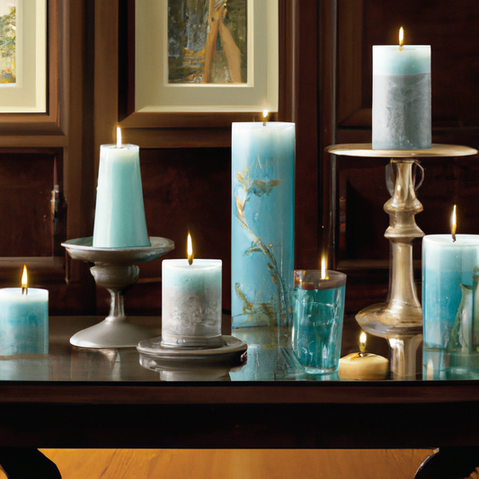 Create an image of a cozy living room setting featuring elegant, realistic flameless candles from Balsam Hill. The room should be warmly lit, showcasing a variety of candle sizes and styles placed art