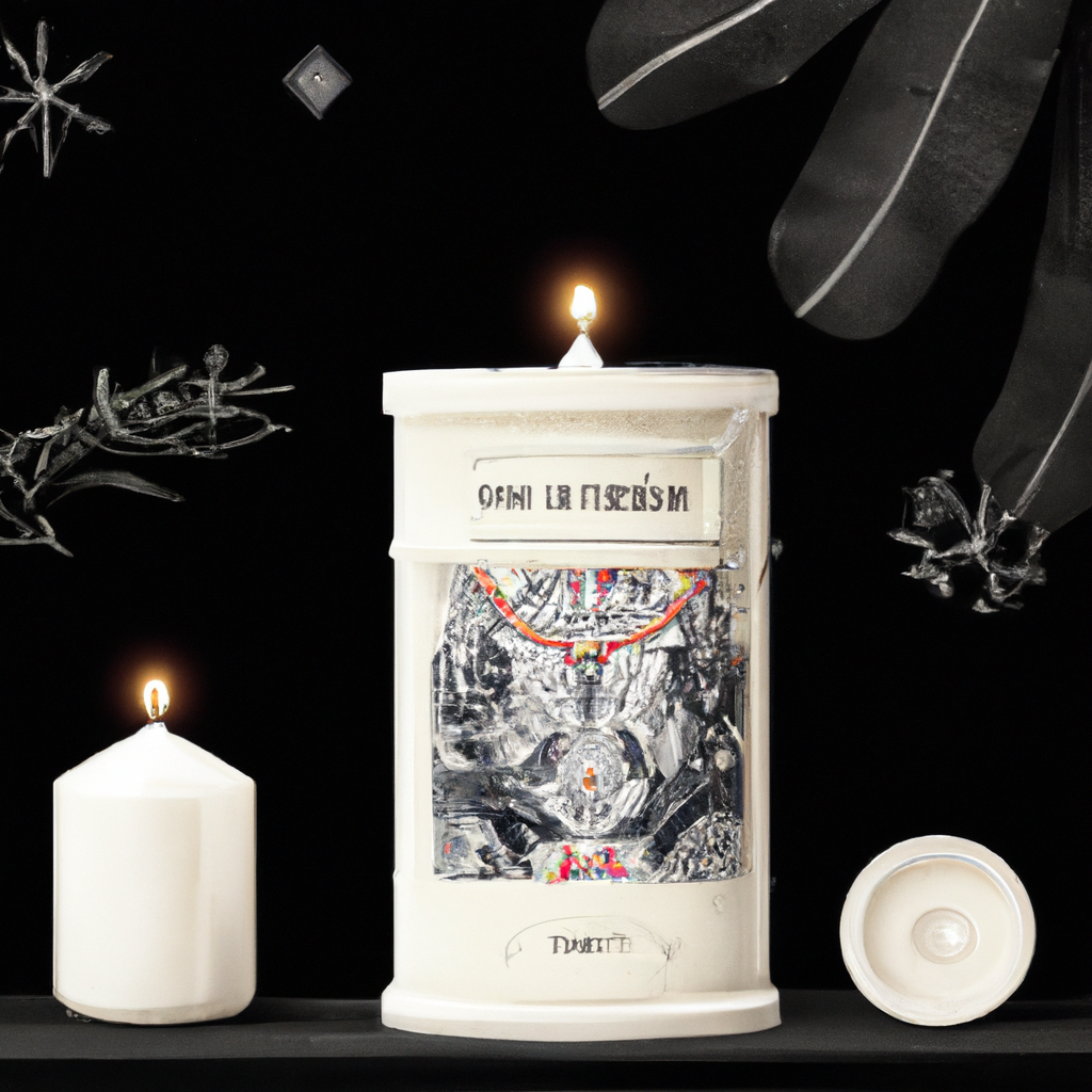 Create an image of an elegantly wrapped candle from Diptyque's 2022 Christmas collection, set against a festive and cozy winter backdrop. The candle should be partially unwrapped, revealing its artist