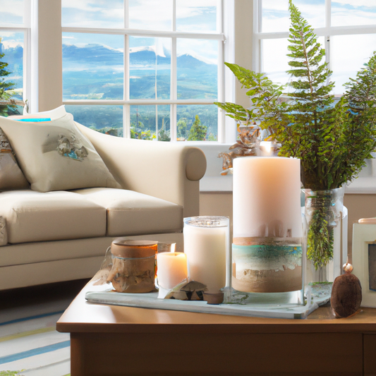 Create an image of a cozy, serene setting in a New Zealand-inspired living room. The room features a rustic wooden coffee table with beautifully designed scented candles. The candles emit a gentle glo