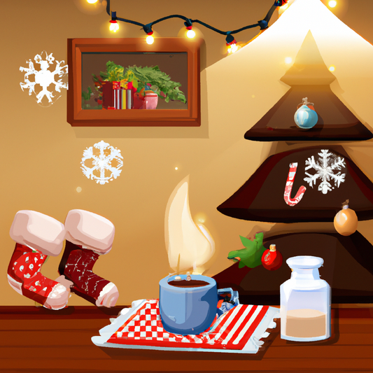 Create an image of a cozy living room decorated for Christmas, featuring a beautifully lit Christmas tree, stockings hung by the fireplace, and a decorative wax melt warmer on a table. The wax melt wa