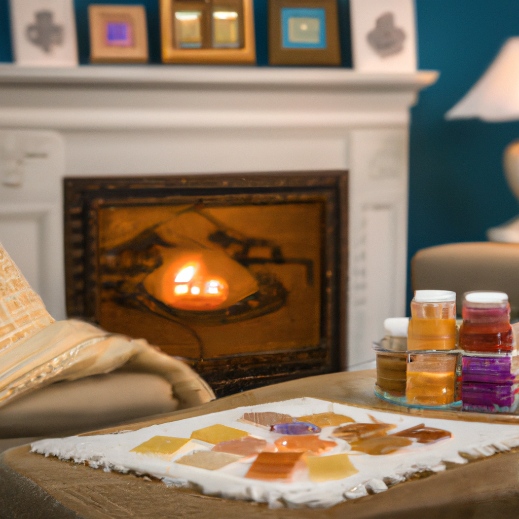 Create an image of a cozy living room setting featuring a variety of beautifully designed wax melts. The scene includes a comfortable couch with plush blankets, a softly glowing fireplace, and a woode